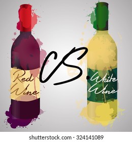 bottle of red and white wine with color splash