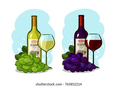 Bottle of red or white wine, glass and grapes. Winery concept. Cartoon vector illustration