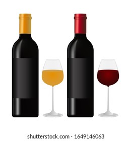 Una botella de vino tinto y blanco y vasos de vino aislados en un fondo blanco.Ilustración de material.