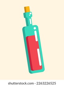 A bottle with red wine, alcohol in glass, party object in cute cartoon style, vector decorative object for parties and festivals.