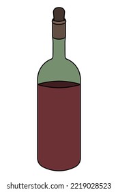 Bottle with red wine. Alcohol in a green glass container. Color vector illustration. The neck is sealed with a cork. Strong Cahors. Cartoon style. Isolated background. Idea for web design.