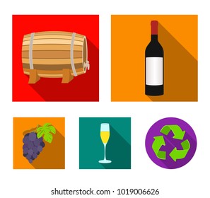 A bottle of red wine, a wine barrel, a glass of champagne, a bunch. Wine production set collection icons in flat style vector symbol stock illustration web.