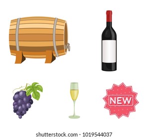 A bottle of red wine, a wine barrel, a glass of champagne, a bunch. Wine production set collection icons in cartoon style vector symbol stock illustration web.