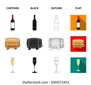 A bottle of red wine, a wine barrel, a glass of champagne, a bunch. Wine production set collection icons in cartoon,black,outline,flat style vector symbol stock illustration web.