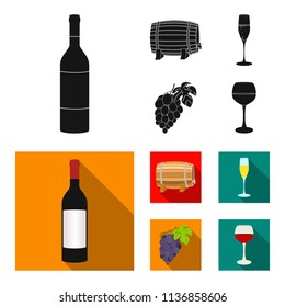 A bottle of red wine, a wine barrel, a glass of champagne, a bunch. Wine production set collection icons in black, flat style vector symbol stock illustration web.