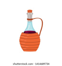 A bottle of red wine in a basket color vector icon. Flat design