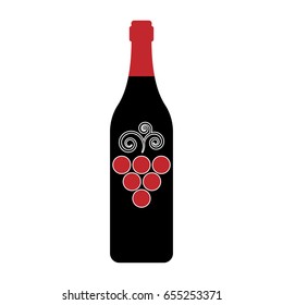 Bottle of red wine. Black bottle of wine with a red neck. Vector illustration bunch of grapes on a bottle. 