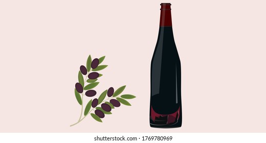 Botella de vino tinto, una rama con aceitunas - ilustración, vector. Cartel.