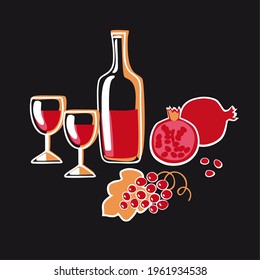 Botella con vino tinto, racimo de uvas y granada de fondo negro