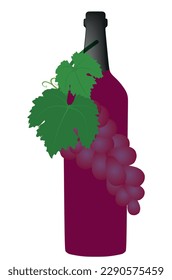 Una botella de vino tinto y un montón de uvas. Ilustración vectorial. Botella de vino en un vector