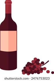 A bottle of red wine and bunch of red grapes vector illustration. Transparent background