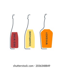 Bottle red wine, champagne and whiskey in linear style on white background. Black thin outline in the form of a contour shadow and color fill. Modern flat style illustration. Circuit drink symbol.
