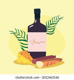 bottle of red wine with cheese board