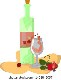 bottle of red wine cherry flavor and glass. Wine with fruit on a brown background. a glass with a splash of wine. strawberries cherry and cherry. wine of various flavors. picture for postcards and men