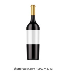 Bottle of red wine, dark alcohol in glassware container. Fruit grape drink with blank label. Close-up of realistic glass bottle as template for restaurant menu. Alcohol shop or store advertising