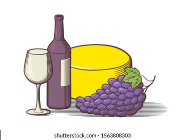 Bottle of red wine, empty wineglass, cheese wheel and bunch of grapes with leaf. Retro style vector image