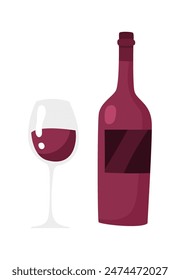 A bottle of red wine and a filled glass in flat style. Vector illustration