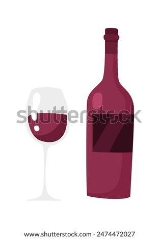 A bottle of red wine and a filled glass in flat style. Vector illustration
