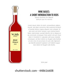 Bottle of red wine in flat style isolated on white background. Typography poster for wine tasting or information poster for wineries or wine shop