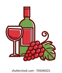 Bottle of red wine, full glass and grapes bunch