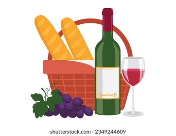 Botella de vino tinto, vino en vidrio, baguettes, uva y una cesta de picnic. Gráfico vectorial.