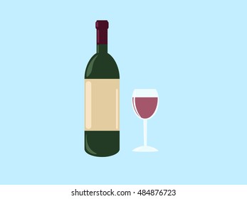 A bottle of red wine with glass in flat design. Vector illustration.
