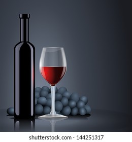 Bottle with red wine with a glass and grapes