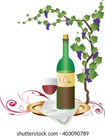 A bottle of red wine with a glass and a grapes vine, color illustration.
