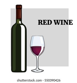 bottle of red wine with glass. Hand drawn sketch style vector illustration. EPS10