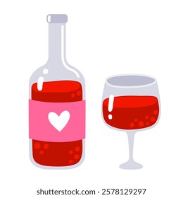 Bottle of red wine and a glass of wine. Bottle with pink label. Cute simple illustration for valentine's day card, white background.	