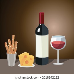 Bottle of red wine, glass of red wine and snacks - cheese and grissini.