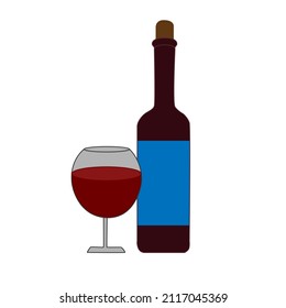 Bottle of red wine and a glass. Vector illustration of an alcoholic beverage for the menu of a bar, restaurant.