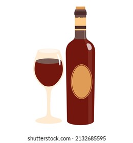 Una botella de vino tinto con un vaso. Vector clipart.