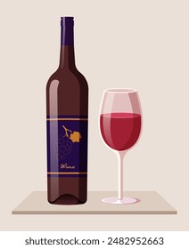 Bottle of red wine with wine glass. Vector illustration of alcohol drink