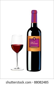 Bottle of red wine with a glass, vector