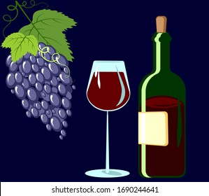 Botella de vino tinto con gafas y uva. Comida y comidas. Conjunto de ilustraciones vectoriales.