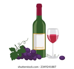 Bottle of red wine, wine in glasses and grape. Vector graphic.