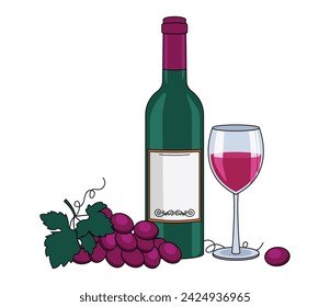 Bottle of red wine, wine in glasses and a grape. With an outline. Vector graphic.