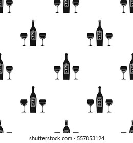 Bottle of red wine with glasses icon in black style isolated on white background. Restaurant pattern stock vector illustration.