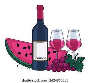 Bottle of red wine, wine in glasses, watermelon and grapes. With an outline. Vector graphic.