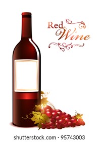 bottle of red wine with red grape over white background