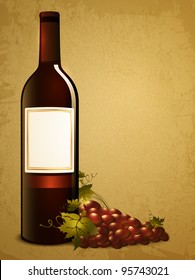 bottle of red wine with red grape over vintage grunge background
