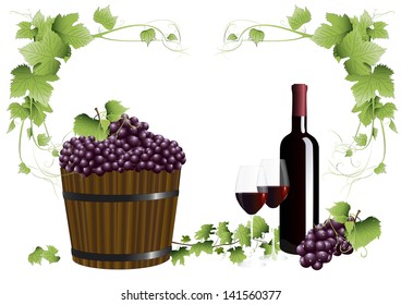 Bottle with red wine and grapes