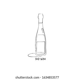 Bottle red wine in hand drawn style. Restaurant illustration for celebration design. Retro sketch. Line art. Design element. Beverage outline icon. Isolated on white background in graphic style.
