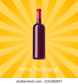 Bottle of red wine isolated on background with rays. Elite classic alcoholic drink in modern glassware without label, template of vino or liquor bottle