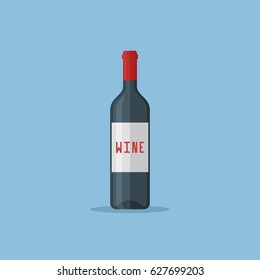 Bottle of red wine isolated on blue background. Flat style icon. Vector illustration.