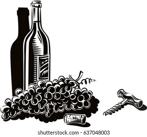 Bottle of red wine just uncorked, a bunch of ripe grapes, a corkscrew and a cap, placed on a plane.