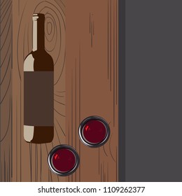 Bottle of red wine with label on old board. Glass of wine. Wine bottle mockup. Top view.