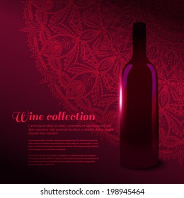 Bottle of red wine. Lace design. Vector illustration. Brochure template