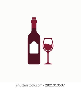 A bottle of red wine next to an empty wine glass on a plain background